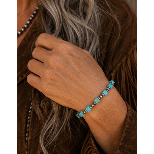 Turquoise & Sterling Silver Pearl Bead Bracelet | 6" Southwestern Style