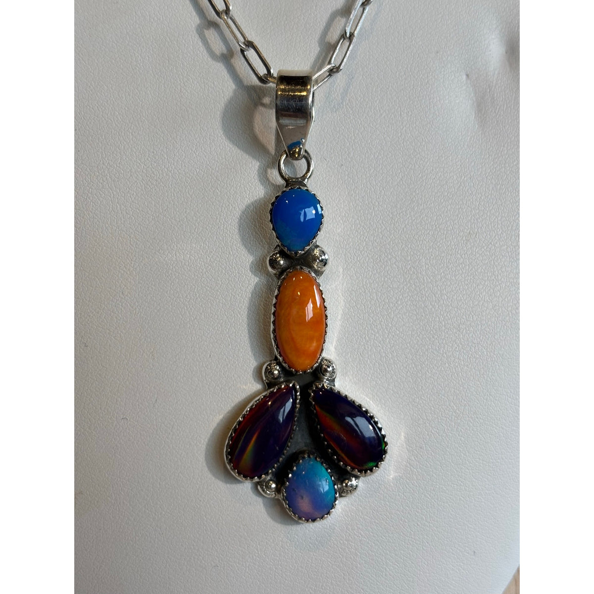 Spiny Oyster, Turquoise & Opal Multistone Pendant Necklace | 22" Sterling Silver