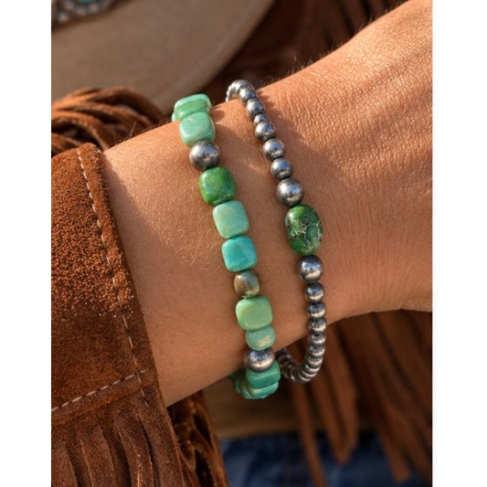 2 Kingman & Sonoran Turquoise sterling pearl bead bracelets