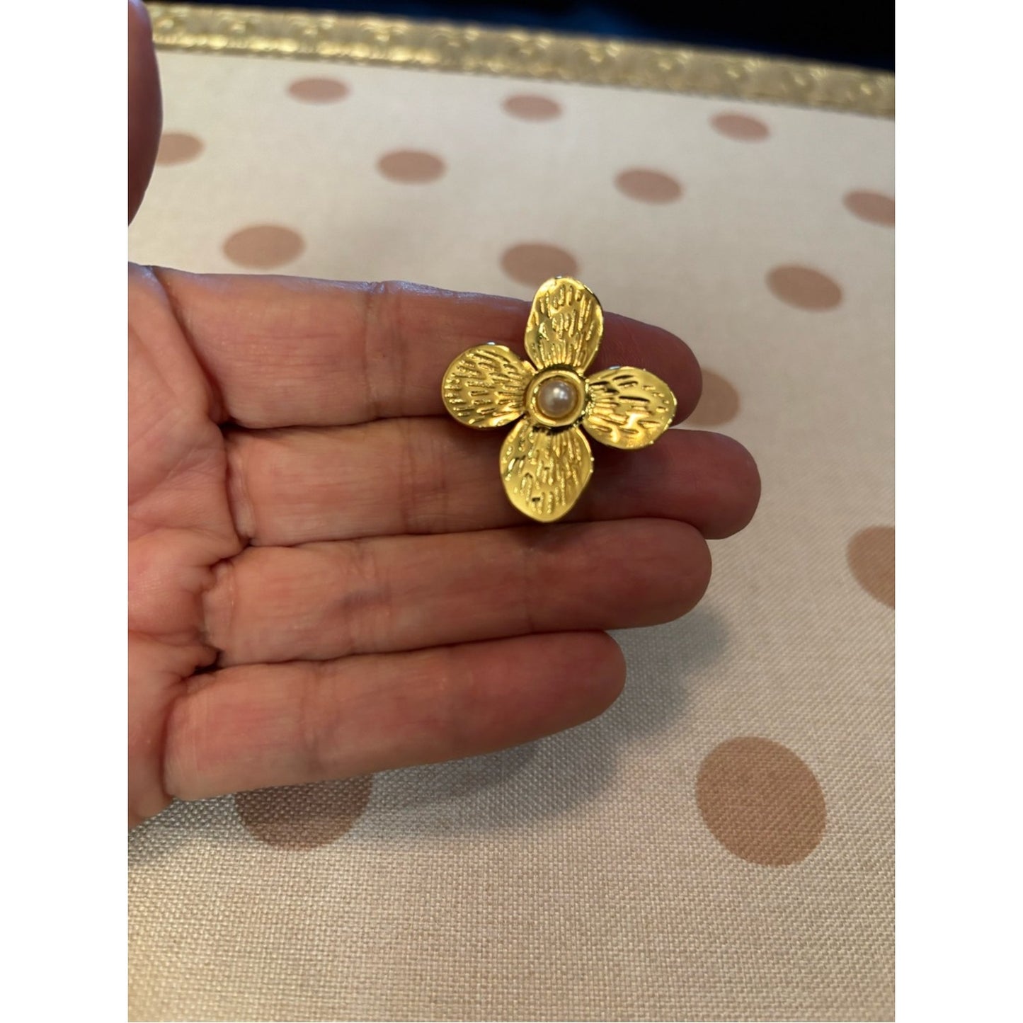 Gold 18 Carat Gold Plated tarnish and water proof Flower Ring with pearl accent.