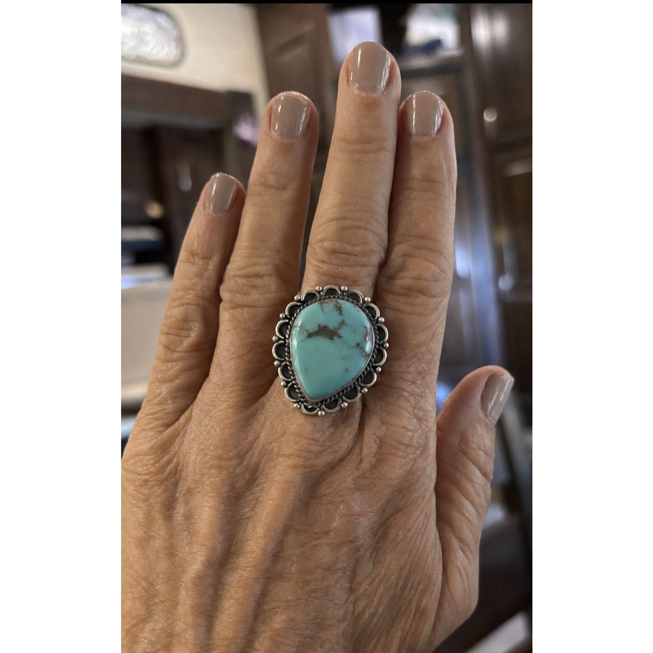 Number Eight Turquoise Teardrop Ring, Adjustable Sterling Silver
