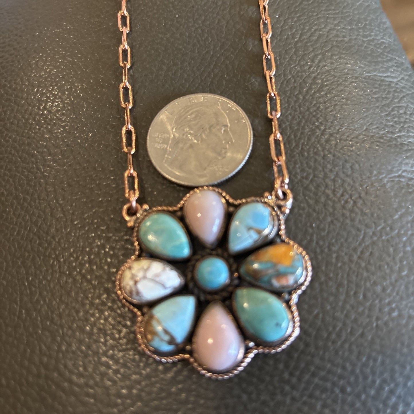 African Turquoise And Red Copper Handmade Pendant Necklace 24”