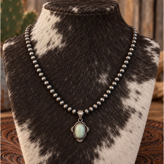 Palomino Turquoise Pendant on 16" Sterling Silver Pearl Beaded Necklace – 4mm