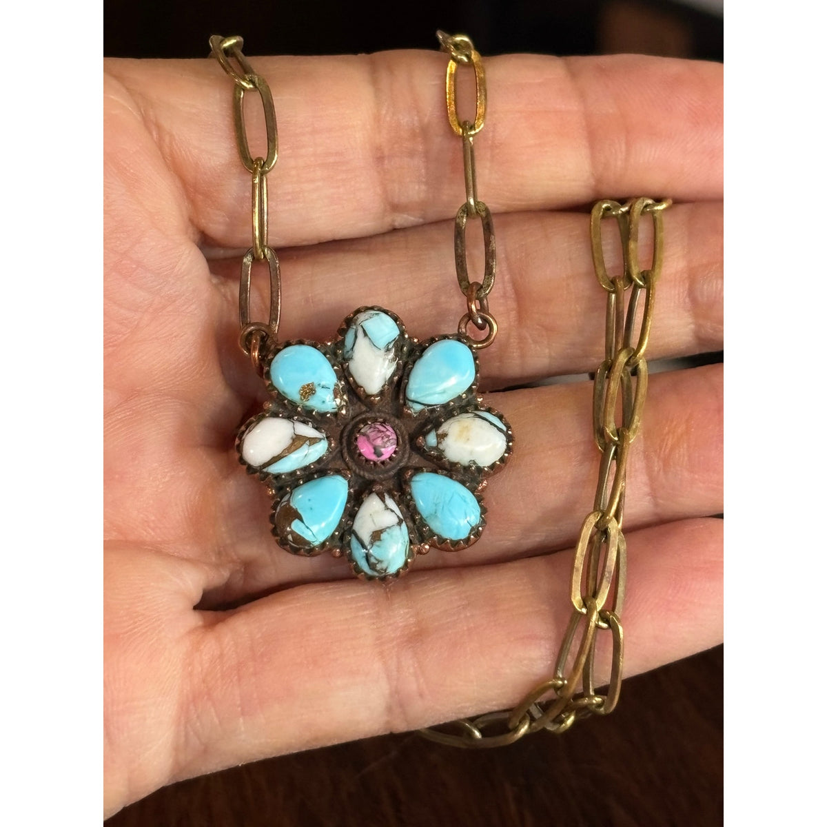 Copper and Turquoise Cluster Necklace on a beautiful paper clip chain