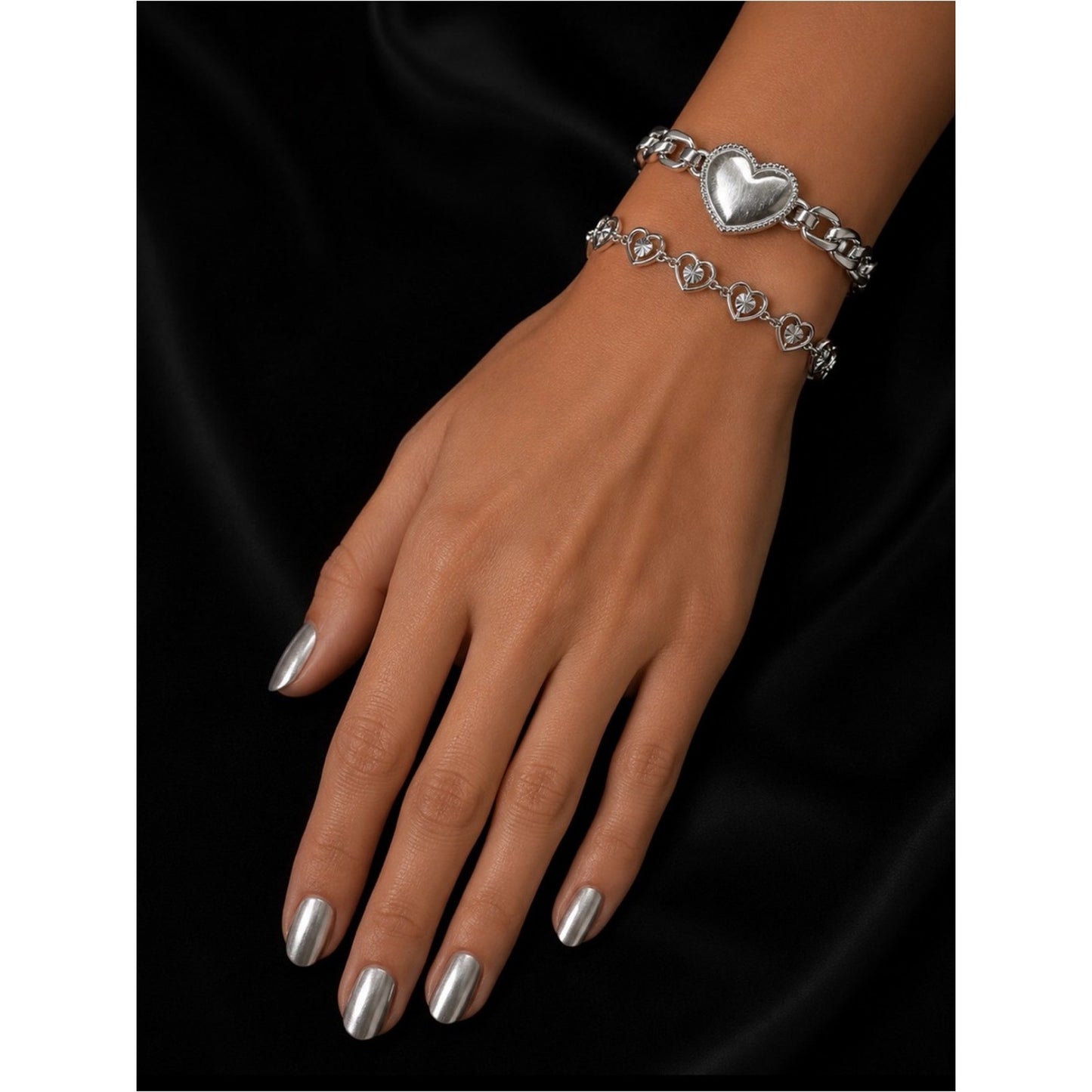 Heart Link Silver Bracelet Set - Women's Jewelry