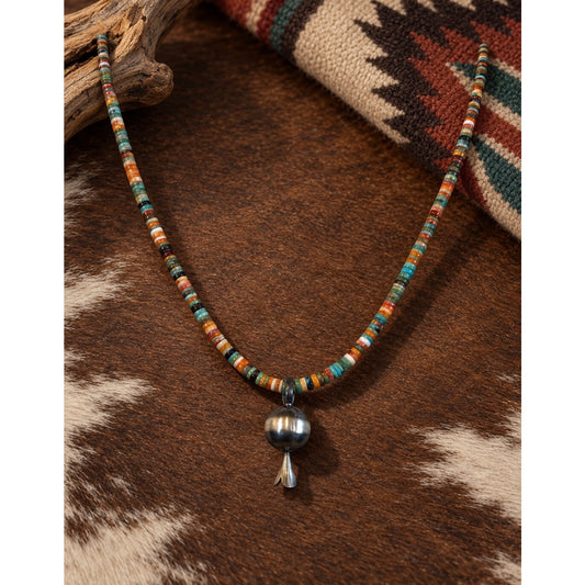 14mm Sterling Silver Pearl Bead Blossom Charm on 16" Spiny Turquoise Heishi Necklace