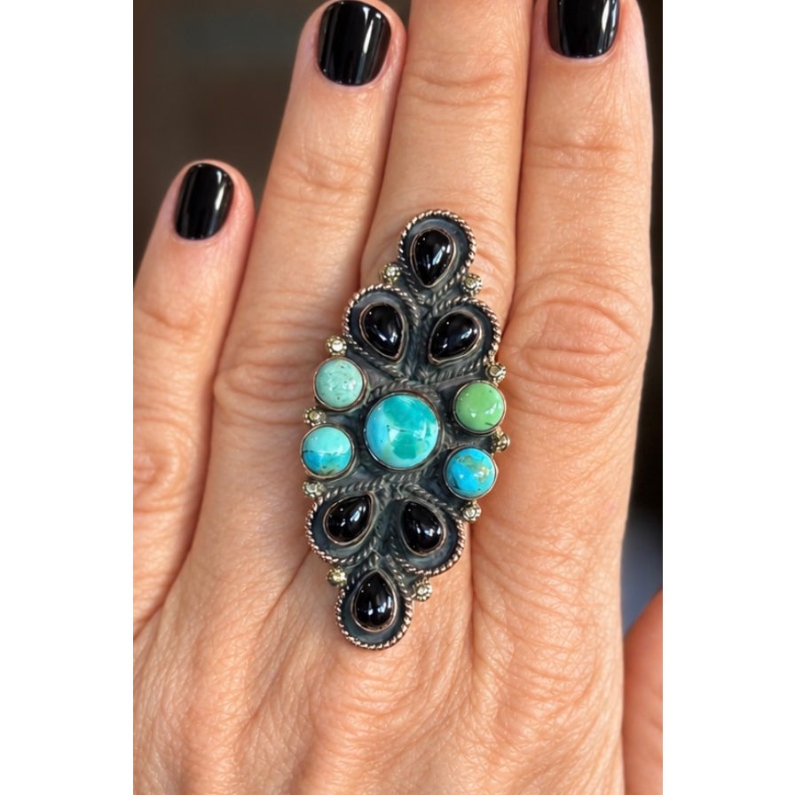 Turquoise & Black Onyx Multistone Copper Statement Ring adjustable 5-9