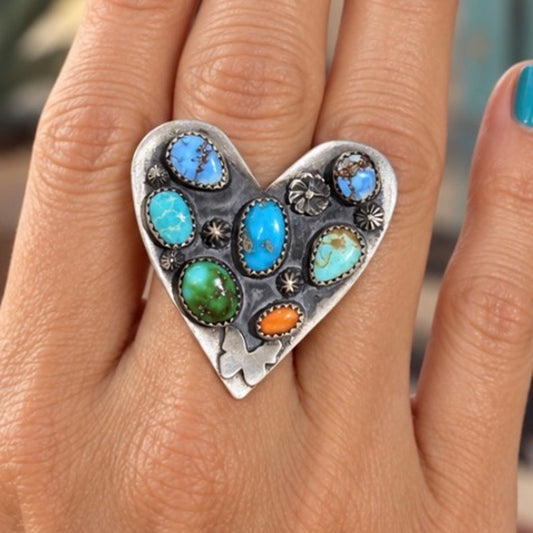Unique Turquoise Heart Ring with Different Turquoise stone and Spiny Orange