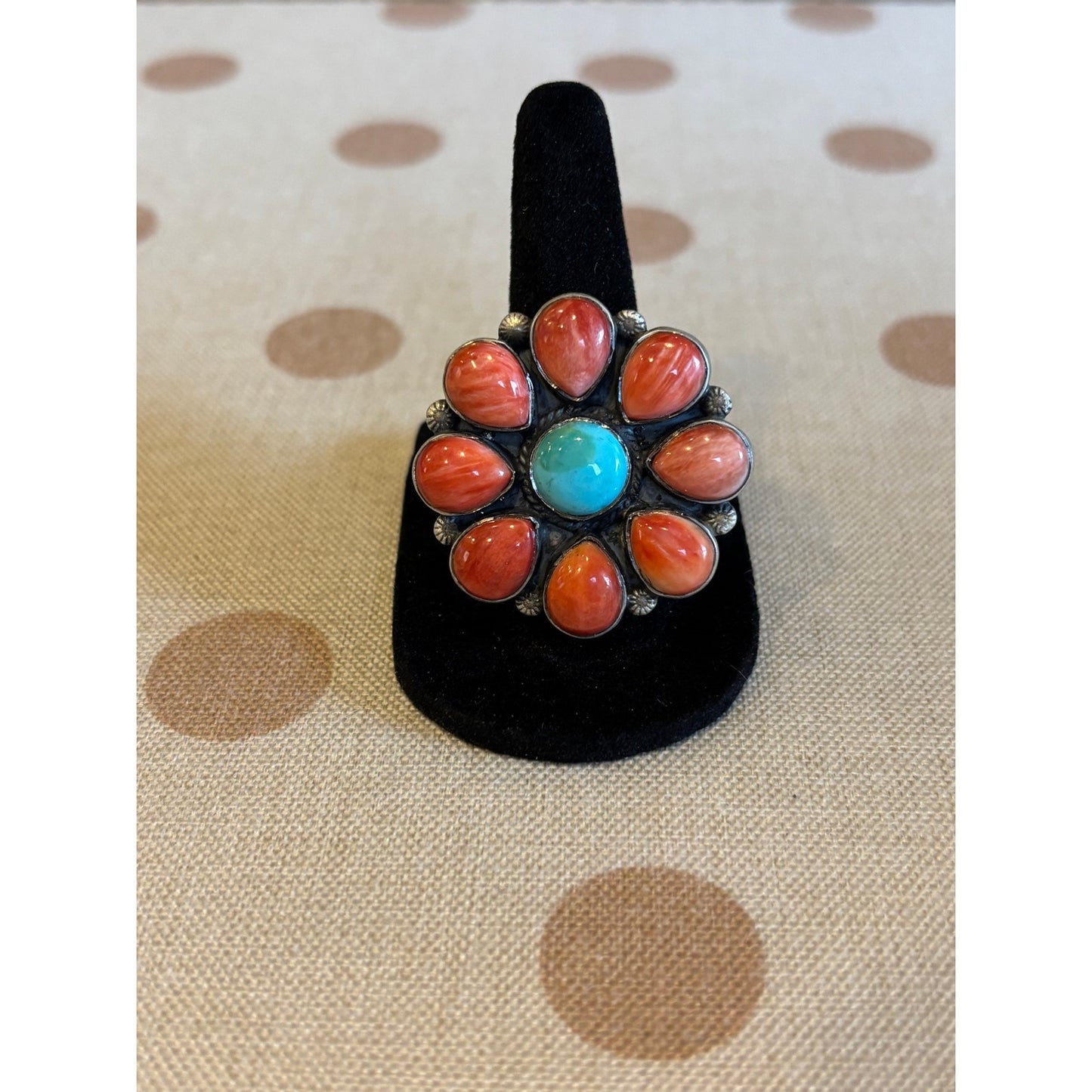 Turquoise & Red Coral Cluster Flower Ring Sterling Silver
