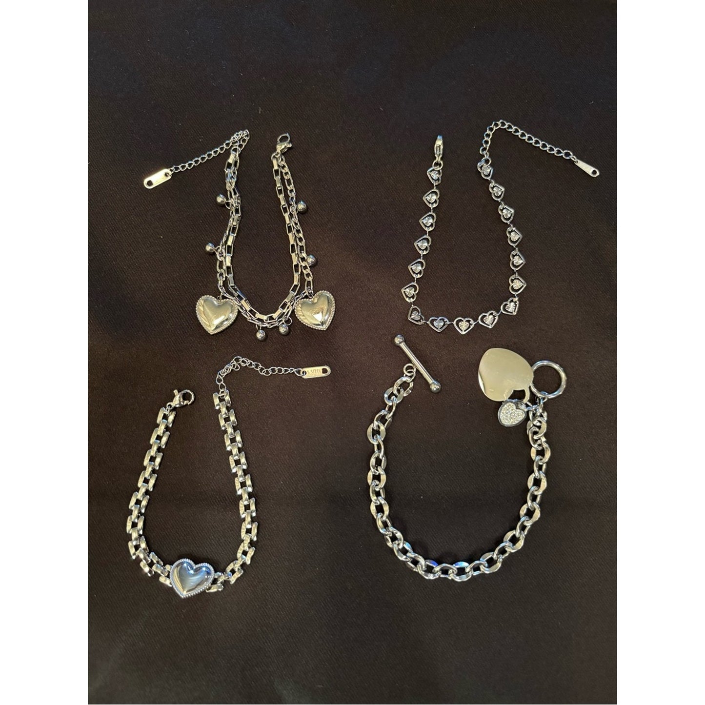 Silver Heart Charm Layered Bracelet Set - Women's Jewelry