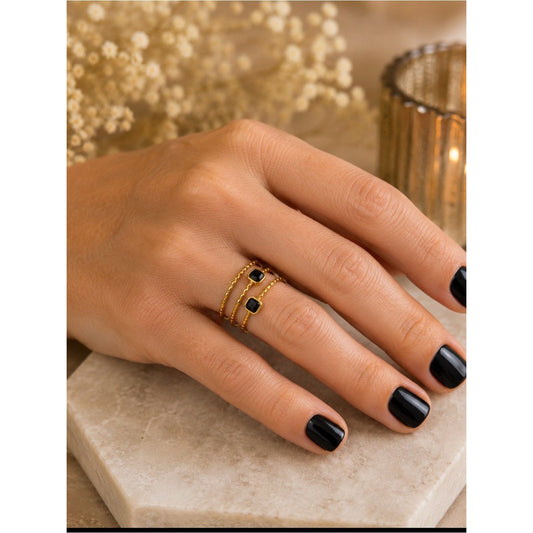 18k Gold Plated, Waterproof Tarnish Free Triple Band Ring w Black Square Stones