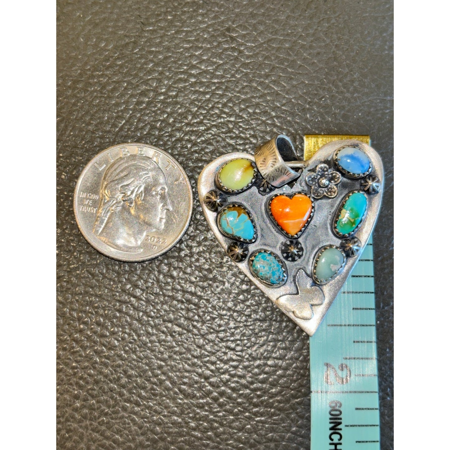 Heart in a Heart Turquoise Necklace 6 stones w Spiny orange