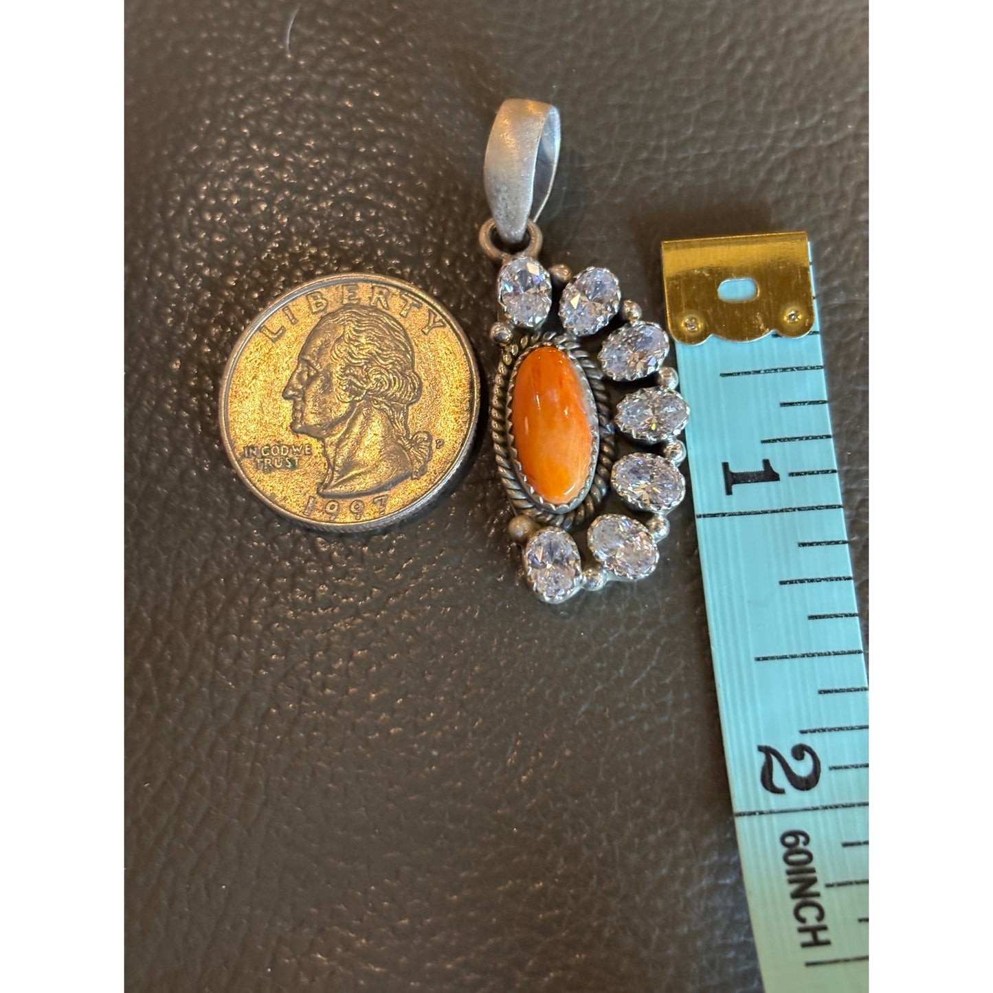16" Larimar Heishi Necklace with Orange Spiny CZ SS Pendant