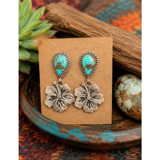 Sterling Silver Number 8 Turquoise Hibicus Flower Earings