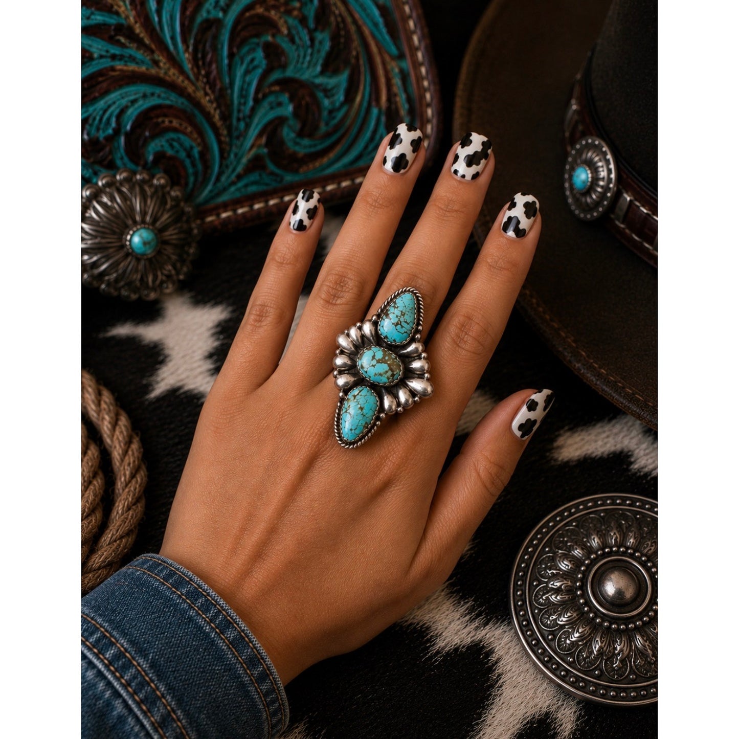 #8 3 stone large Turquoise Ring in Sterling Silver