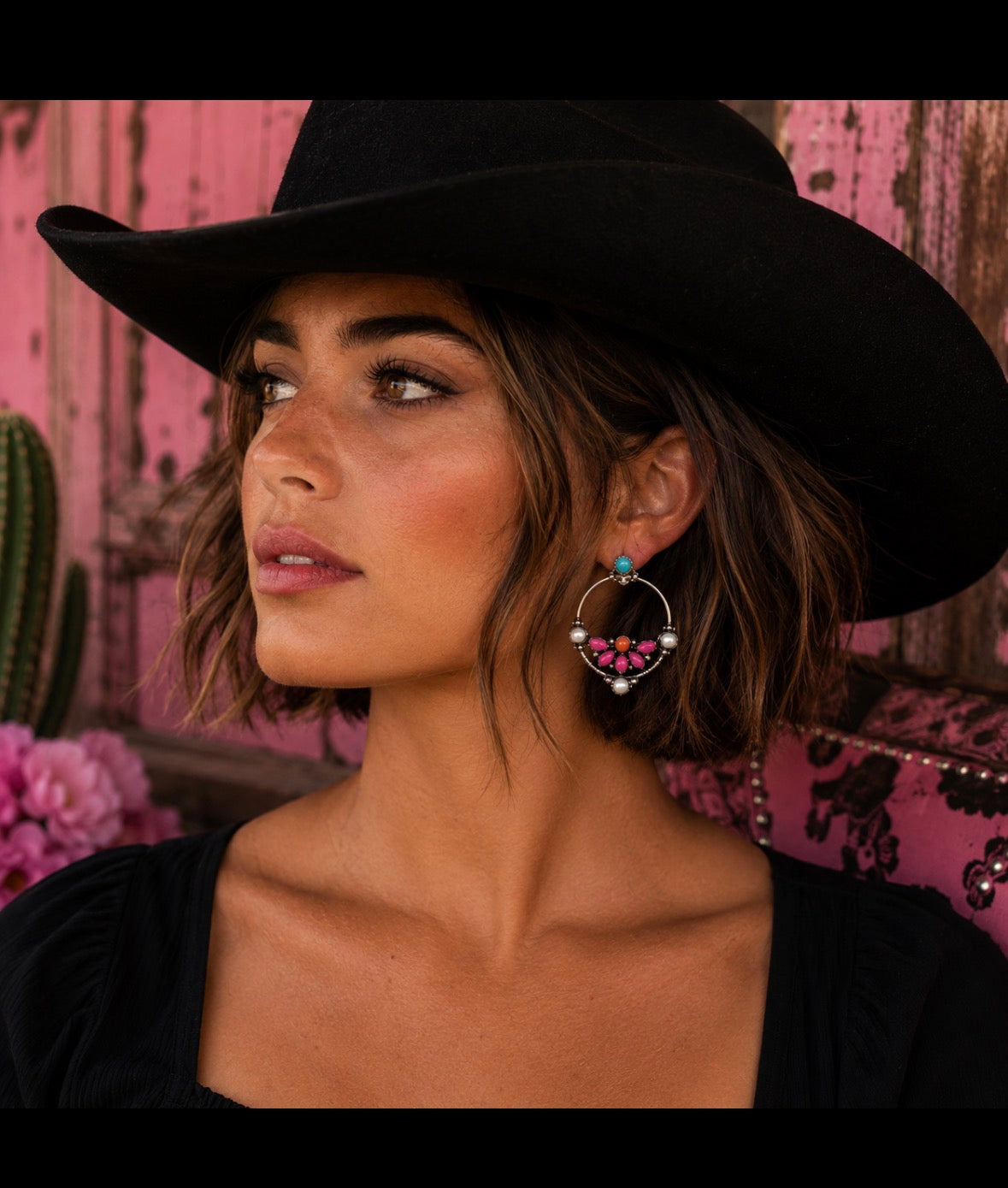 Kingman Turquoise, Pink Spiny Oyster & White Buffalo Hoop Earings in SS