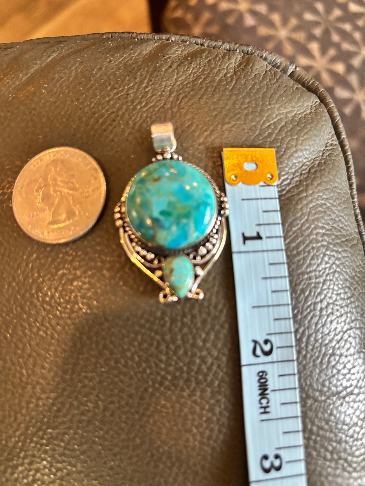 Kingman Turquoise Pendant on Sterling Silver on 16" 4mm Pearl Bead Necklace