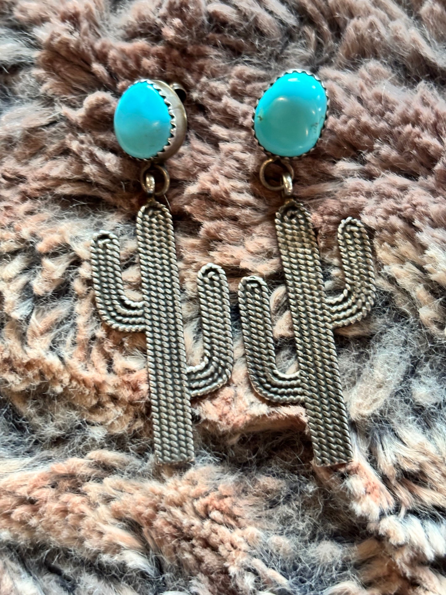 Turquoise Cactus Drop Earings Sterling Silver Native Stamped