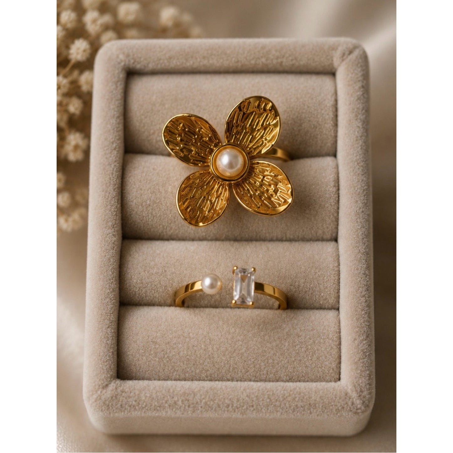 18k Gold Plater Water Resistant Flower Pearl Statement Ring - Elegant