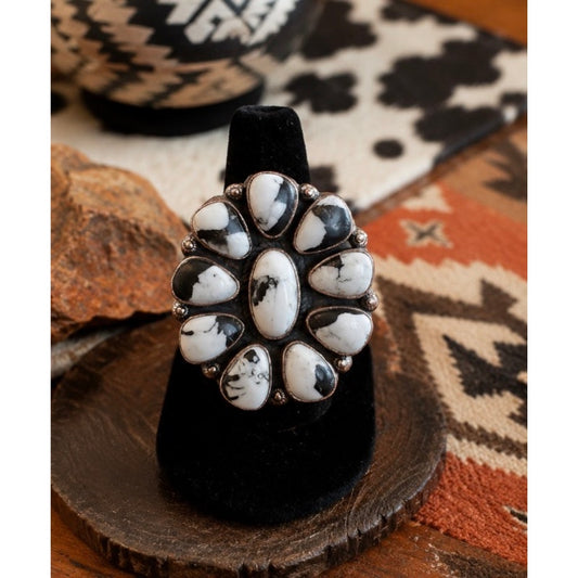 Big White Buffalo Turquoise Cluster Ring set in Copper