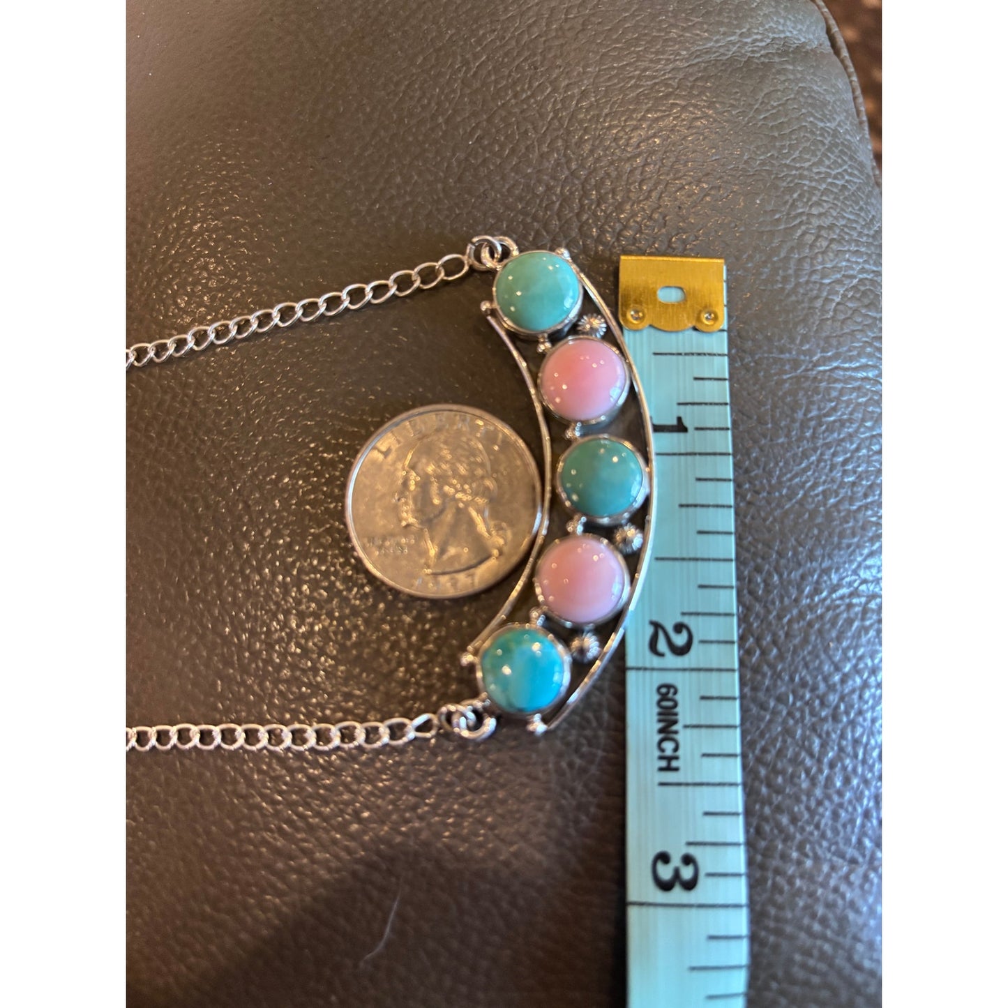Pink Conch/ Turquoise Multi Stone Necklace set in Sterling Silver 20"