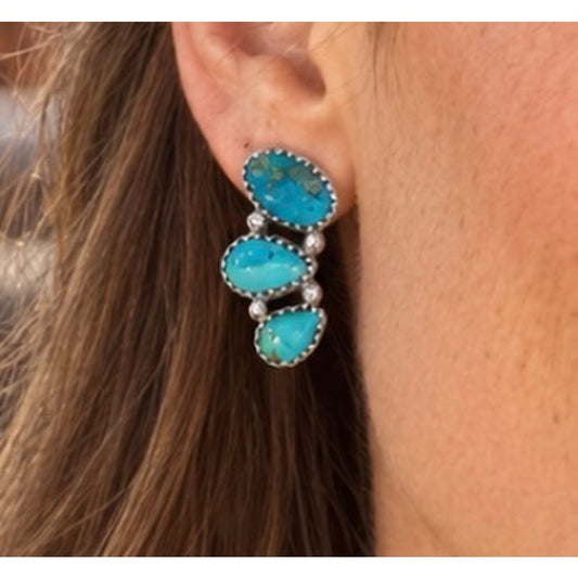 Number 8 & Kingman Turquoise Three-Stone Crawler Earrings in Sterling Silver