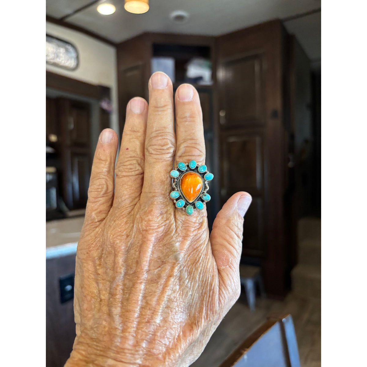 Kingman Turquoise With Large Orange Spiny Teardrop Set In Sterling Silver
