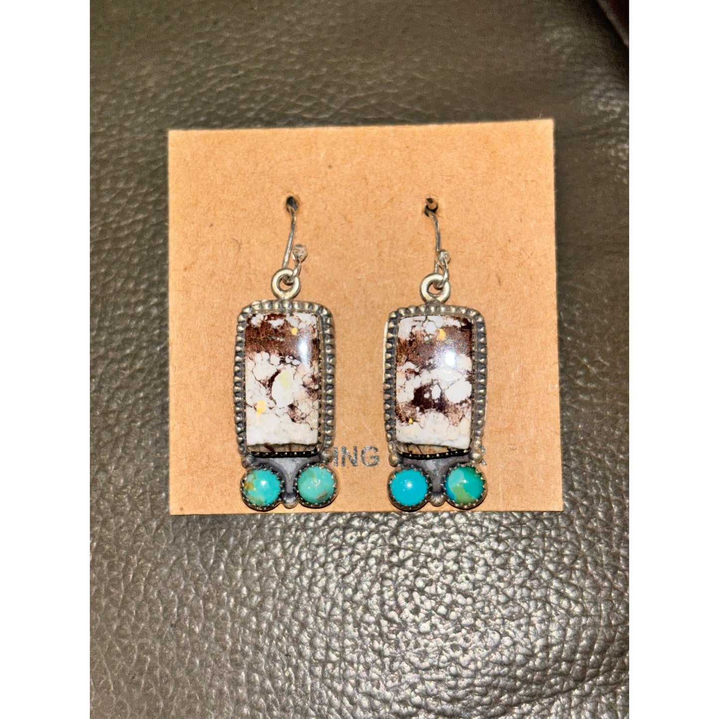 White Horse & Turquoise Dangle Earrings Southwestern Style