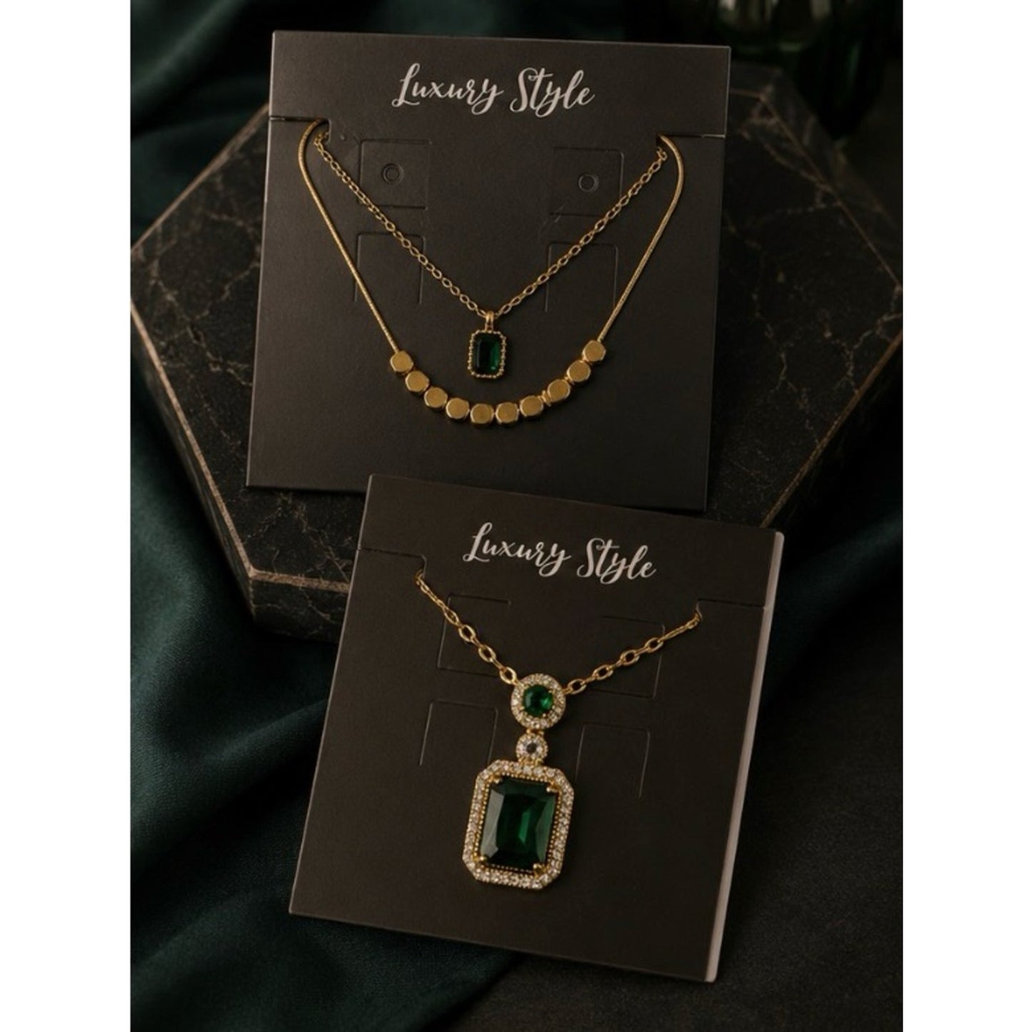 19k Gold Plated Water Resistant Necklace Set with Emerald Green Stones #27