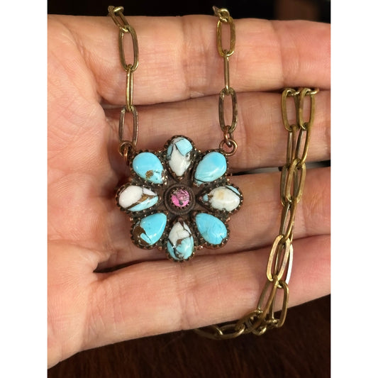 Cotton Candy Turquoise Cluster necklace set in Copper 18"