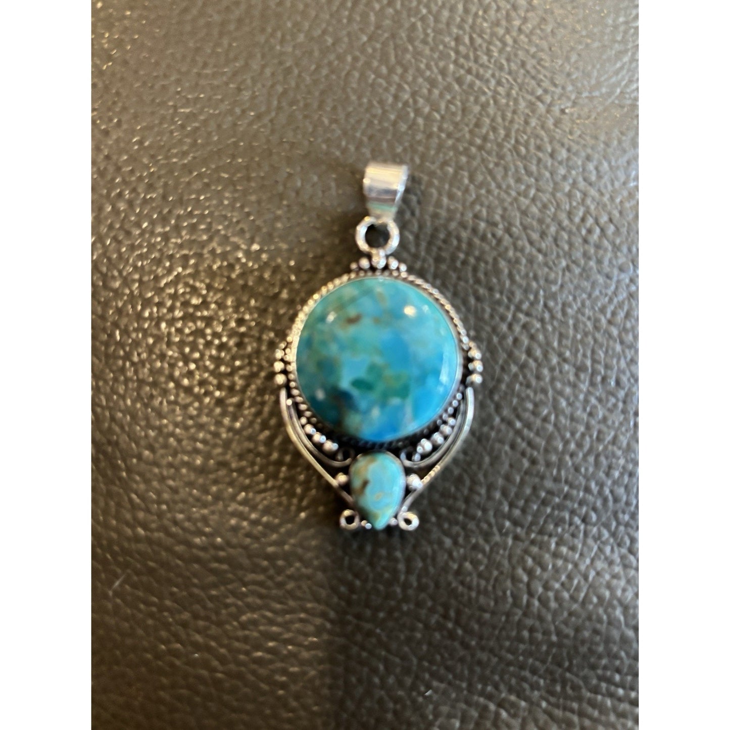 Kingman Turquoise Two Stone Necklace On Sterling Silver Beaded 16” 3mm Chain