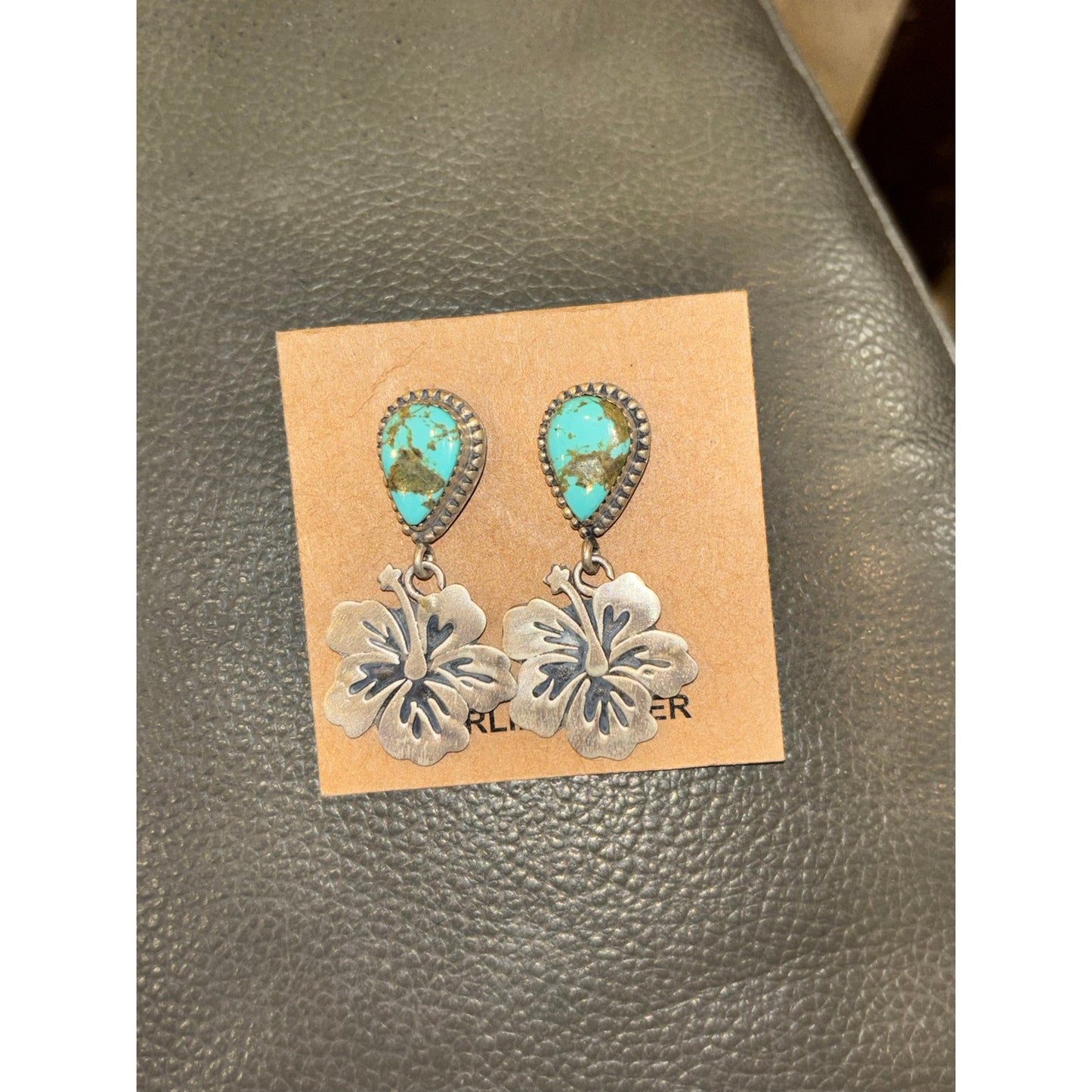 Sterling Silver Number 8 Turquoise Hibicus Flower Earings