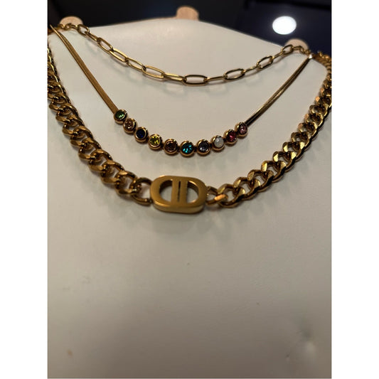 18k Gold plated, water proof, tarnish Gold Multi-Layered Necklace Gem Accents