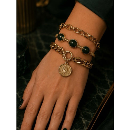 18k Gold Plated Water Resistant Tarnish Free Chain Bracelet Set w Green Stones