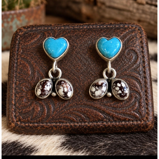 Kingman Turquoise Heart & White Horse Drop Earrings in Sterling Silver