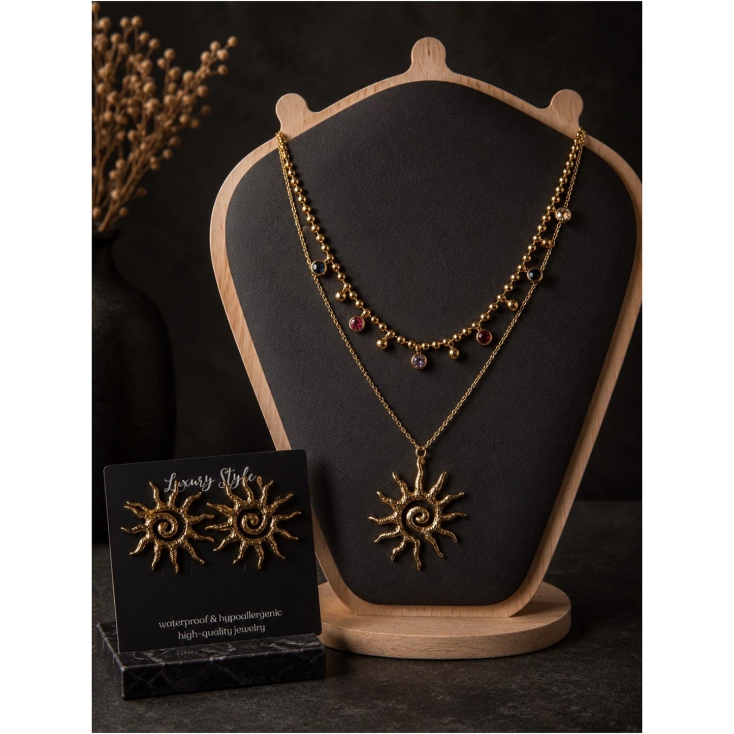 18k Gold Plated Water Resistant Tarnish Free Sun Layered Necklace with Accents