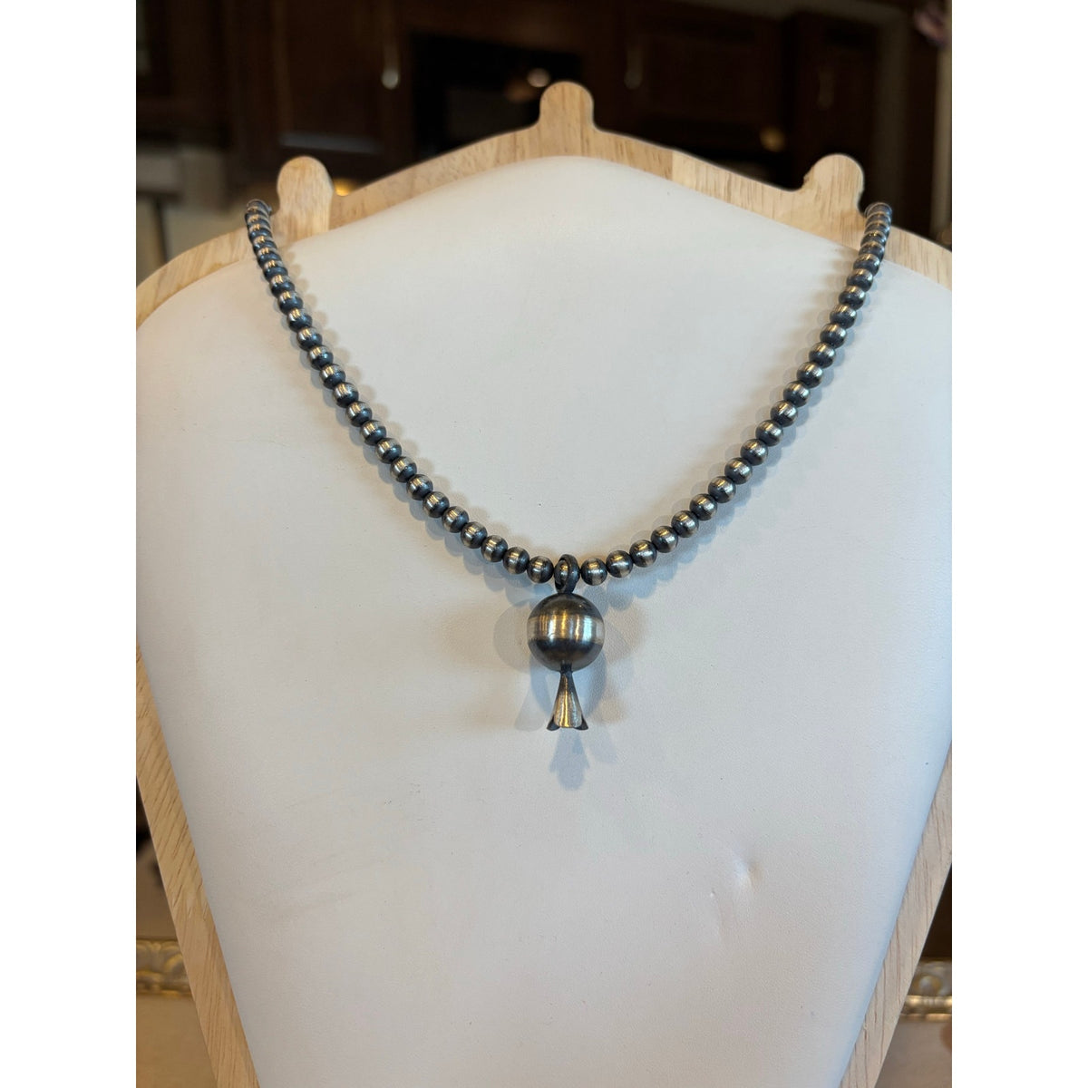 Sterling Silver Squash Blossom Pendant on Pearl Bead Necklace | 16" Southwestern