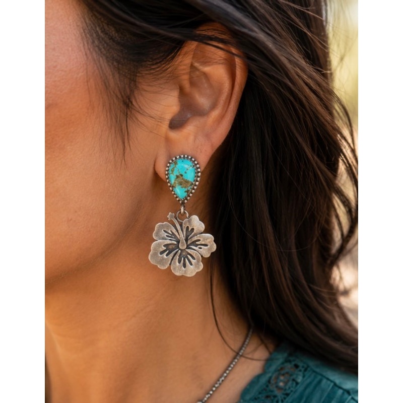 Sterling Silver Number 8 Turquoise Hibicus Flower Earings