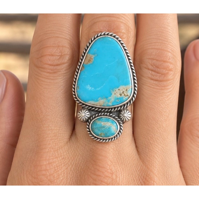 Mojave Blue Turquoise 2-Stone Statement Ring | Adjustable Southwestern Sterling Silver