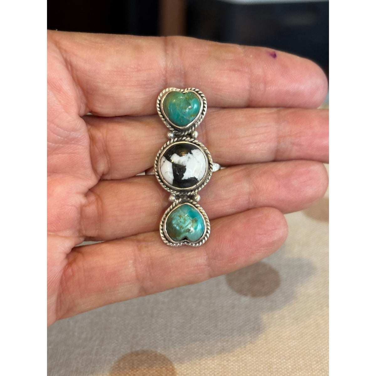 Southwestern Kingman Turquoise & White Buffalo Three-Stone Crawler Ring | 925 SS