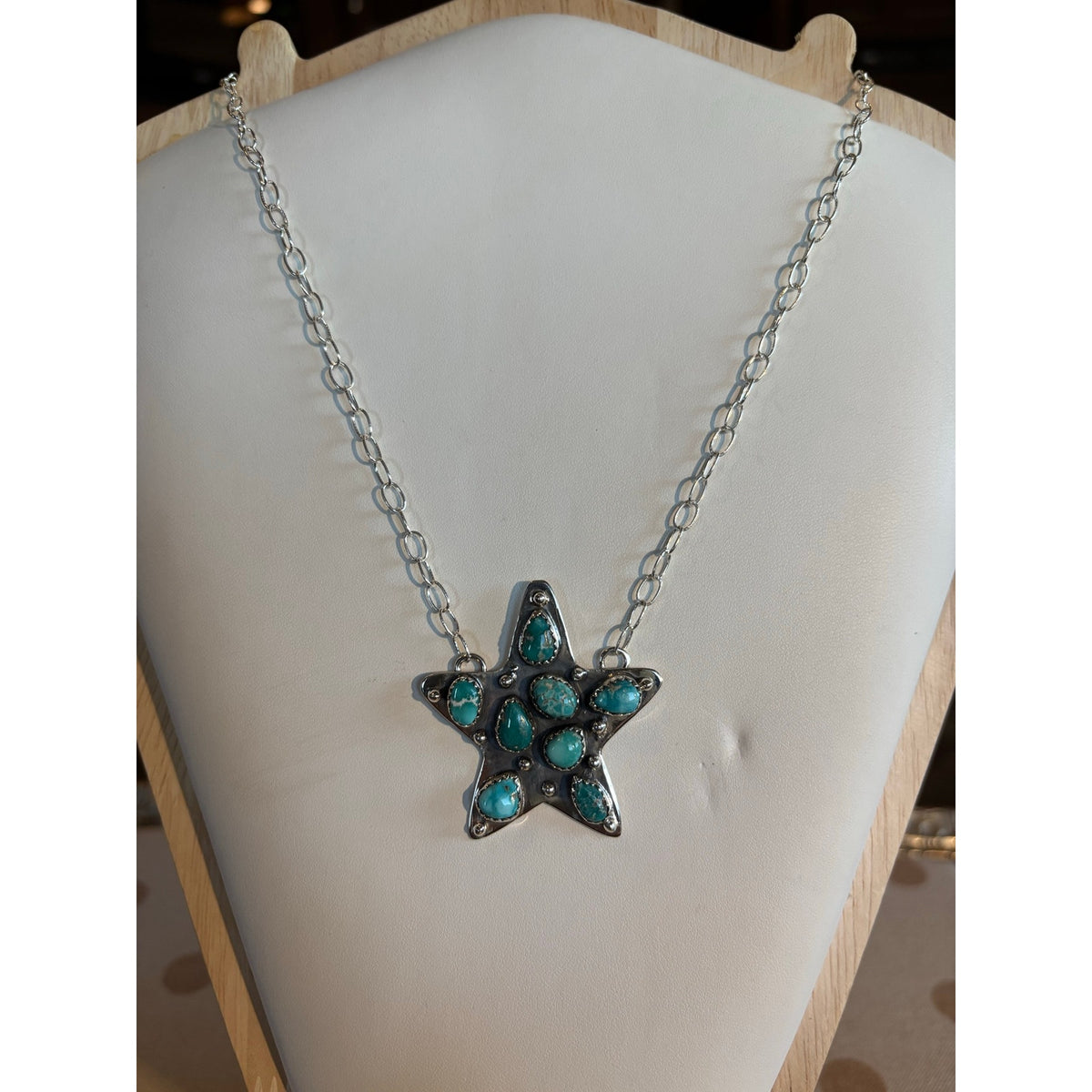White Water Turquoise Sterling Silver Star Necklace – 20" Southwestern