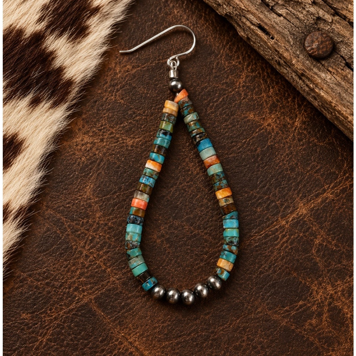 Turquoise Heishi & Sterling Silver Pearl Teardrop Dangle Earrings | Southwestern