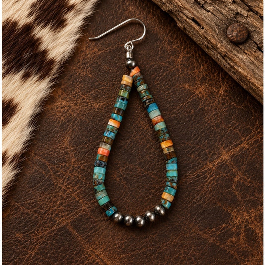 Turquoise Heishi & Sterling Silver Pearl Teardrop Dangle Earrings | Southwestern