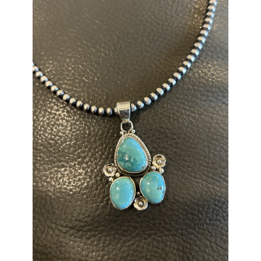 Kingman Turquoise Sterling Silver Pendant with 3mm Desert Pearl Chain Necklace