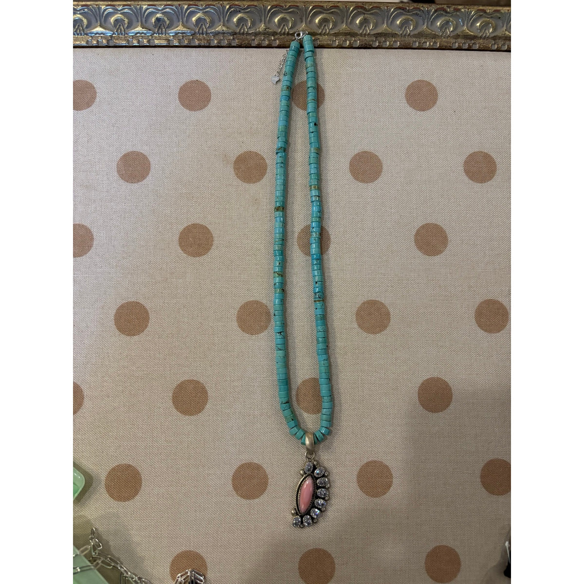 16" Turquoise Heishi Necklace-Pink Conch CZ Sterling Pendant