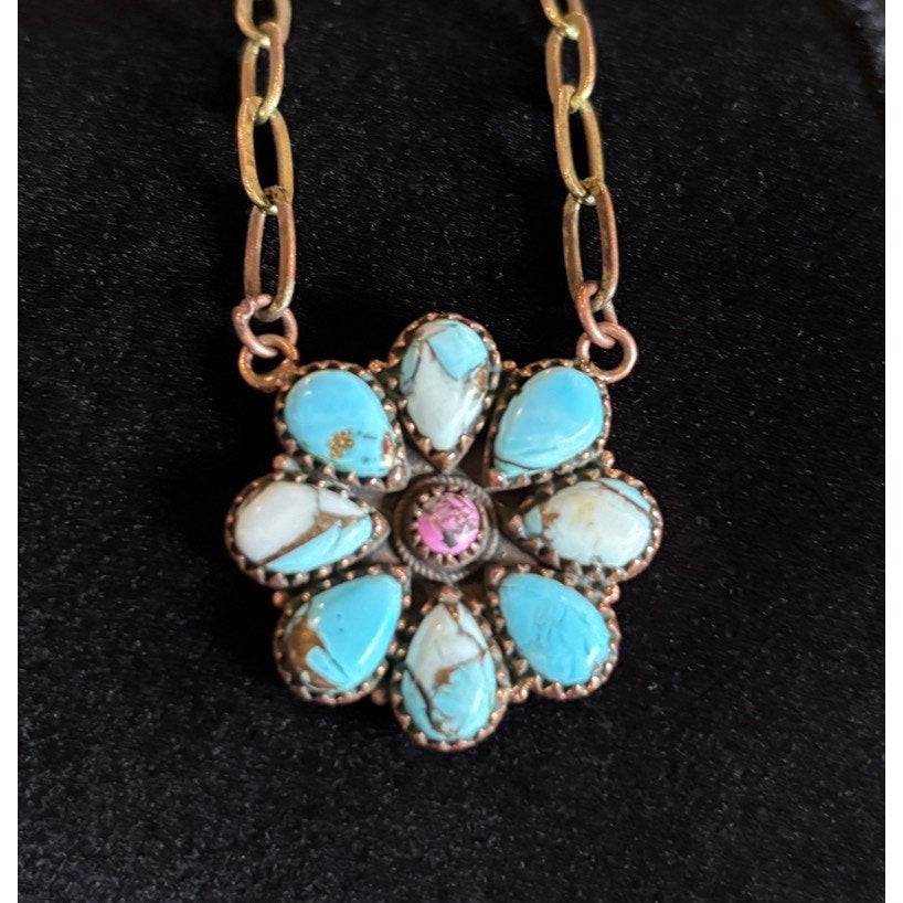 Copper & Turquoise w Cotton Candy Cluster Necklace in Copper 18"