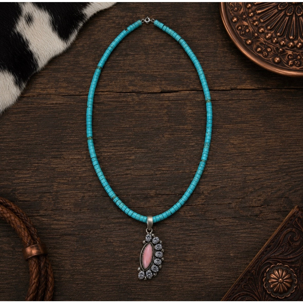 16" Turquoise Heishi Necklace-Pink Conch CZ Sterling Pendant