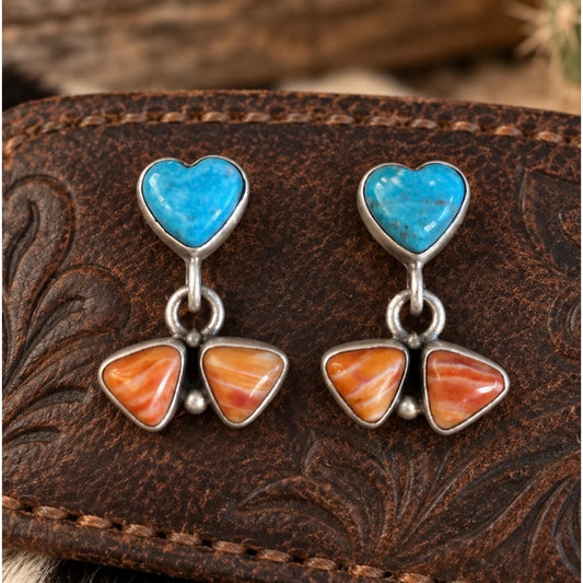 Kingman Turquoise Heart & Orange Spiny Oyster Triangle Drop Earrings – Sterling Silver
