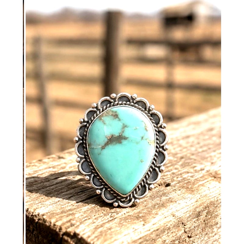 Number Eight Turquoise Tear Drop Ring in Sterling Silver