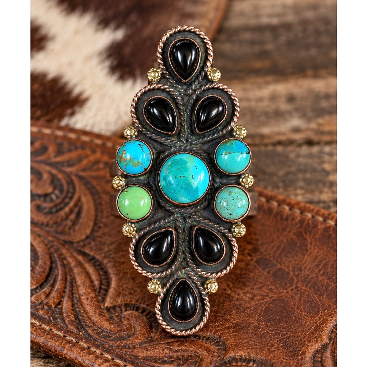 Turquoise & Black Onyx Multistone Copper Statement Ring adjustable 5-9